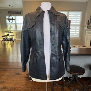 VTG 60's Penney's International Imports Vegan Leather Jacket Navy Blue Size 14 S